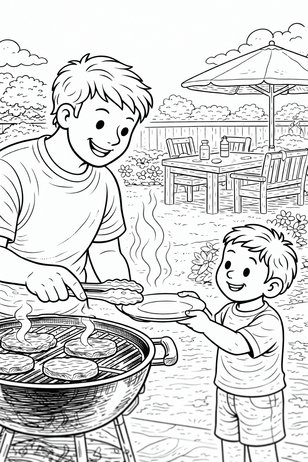 Vater und Sohn beim Grillen - Ausmalbild