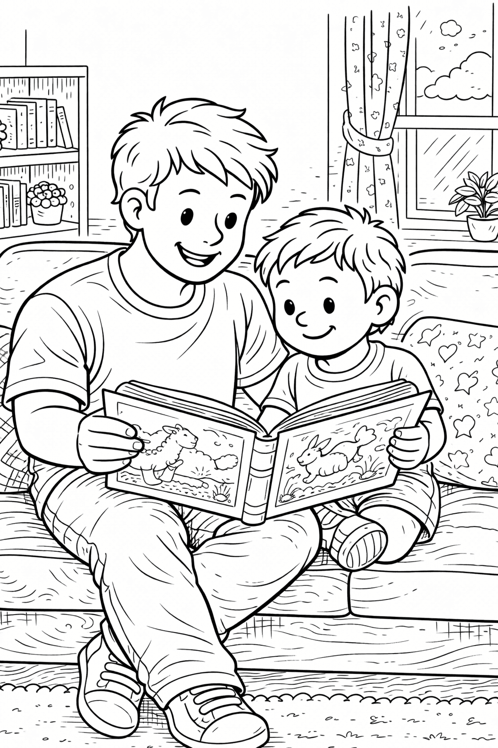 Vater und Sohn beim Lesen zusammen - Ausmalbild