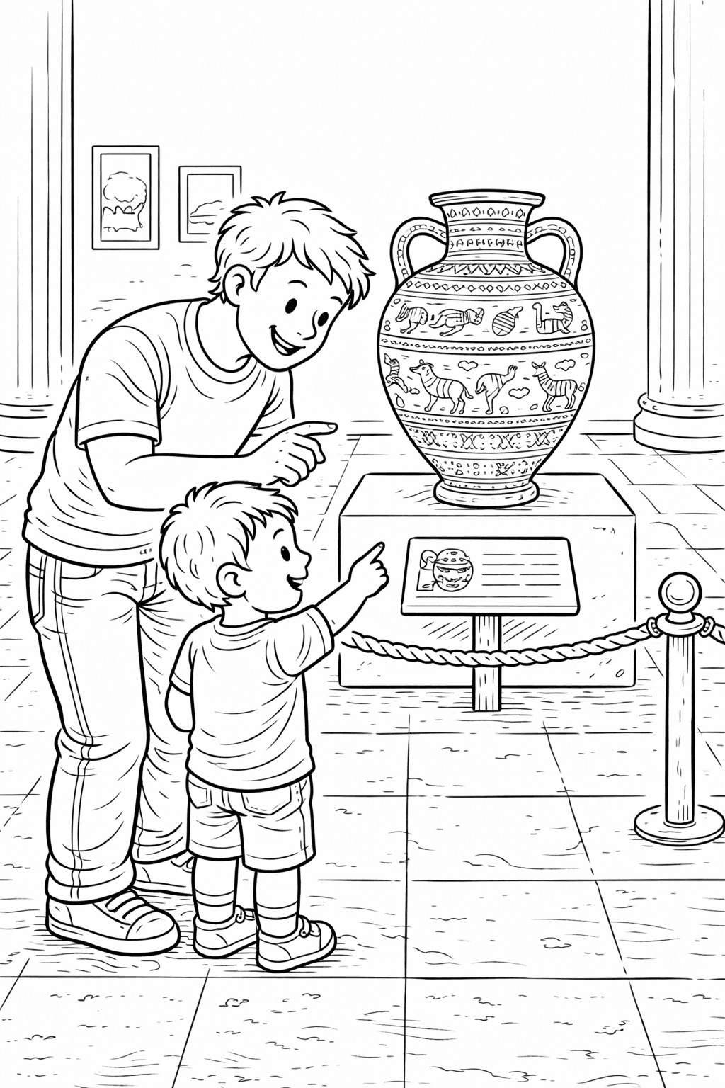 Vater und Sohn im Museum - Ausmalbild