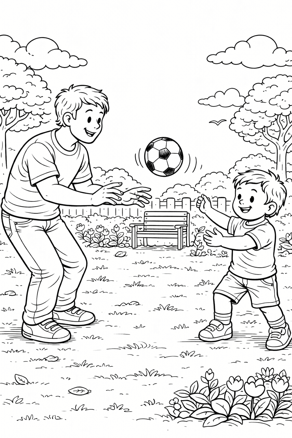 Vater und Sohn im Park - Ausmalbild