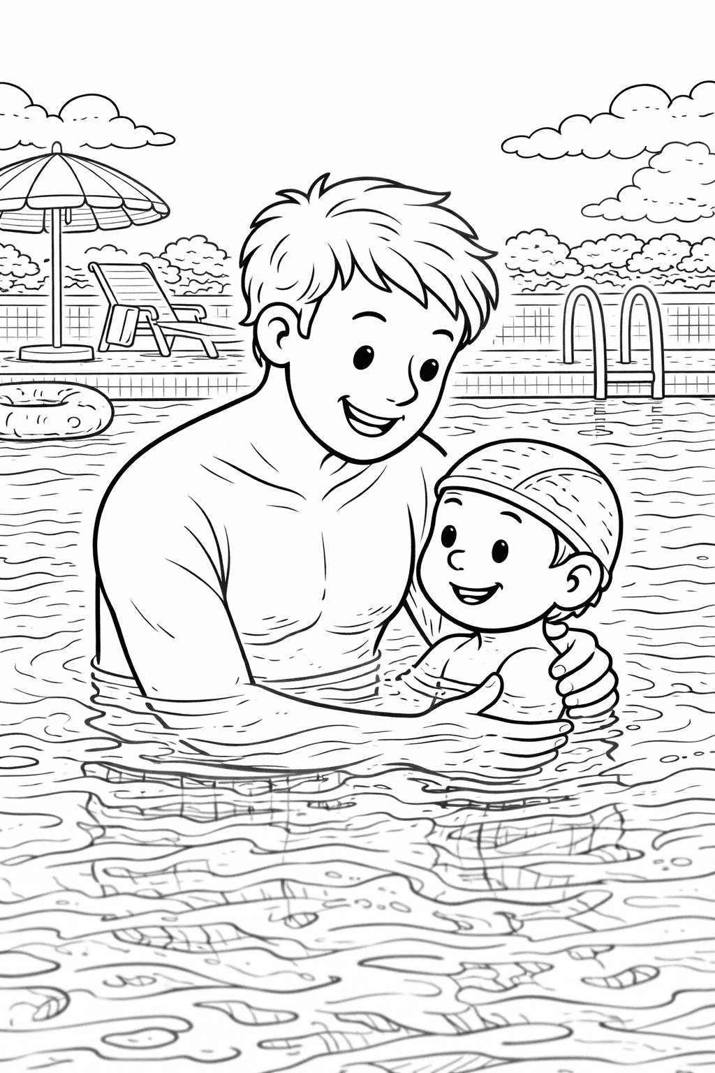 Vater und Sohn im Schwimmbad - Ausmalbild