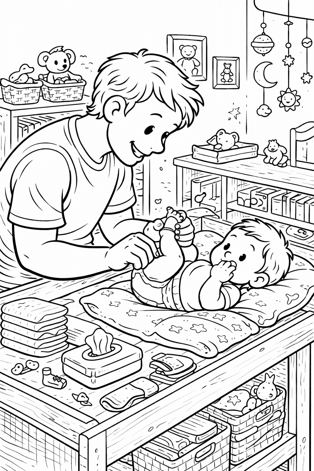 Vater wechselt die Windel des Babys - Ausmalbild