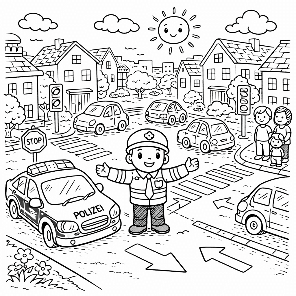 Verkehrskontrolle an der Kreuzung - Ausmalbild