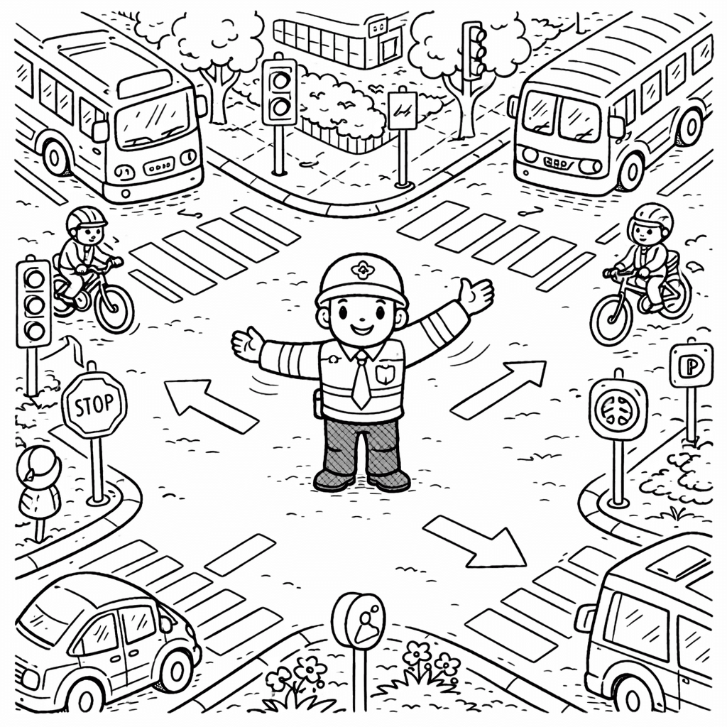 Verkehrsleiter an belebter Kreuzung - Ausmalbild