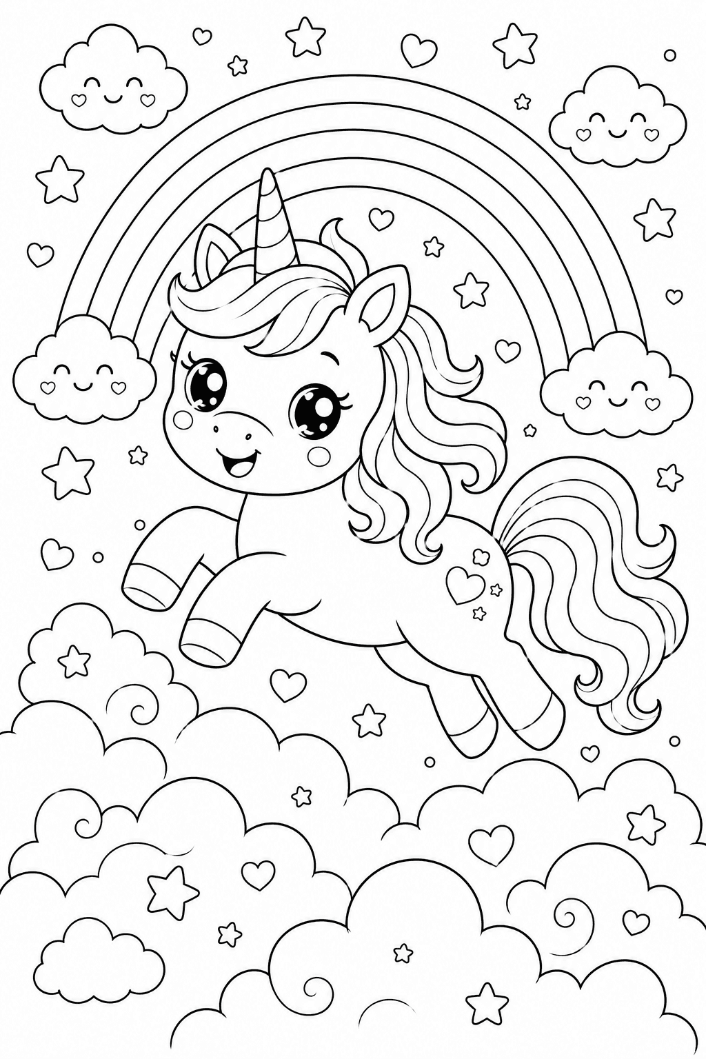 Verspieltes Einhorn über den Wolken - Ausmalbild