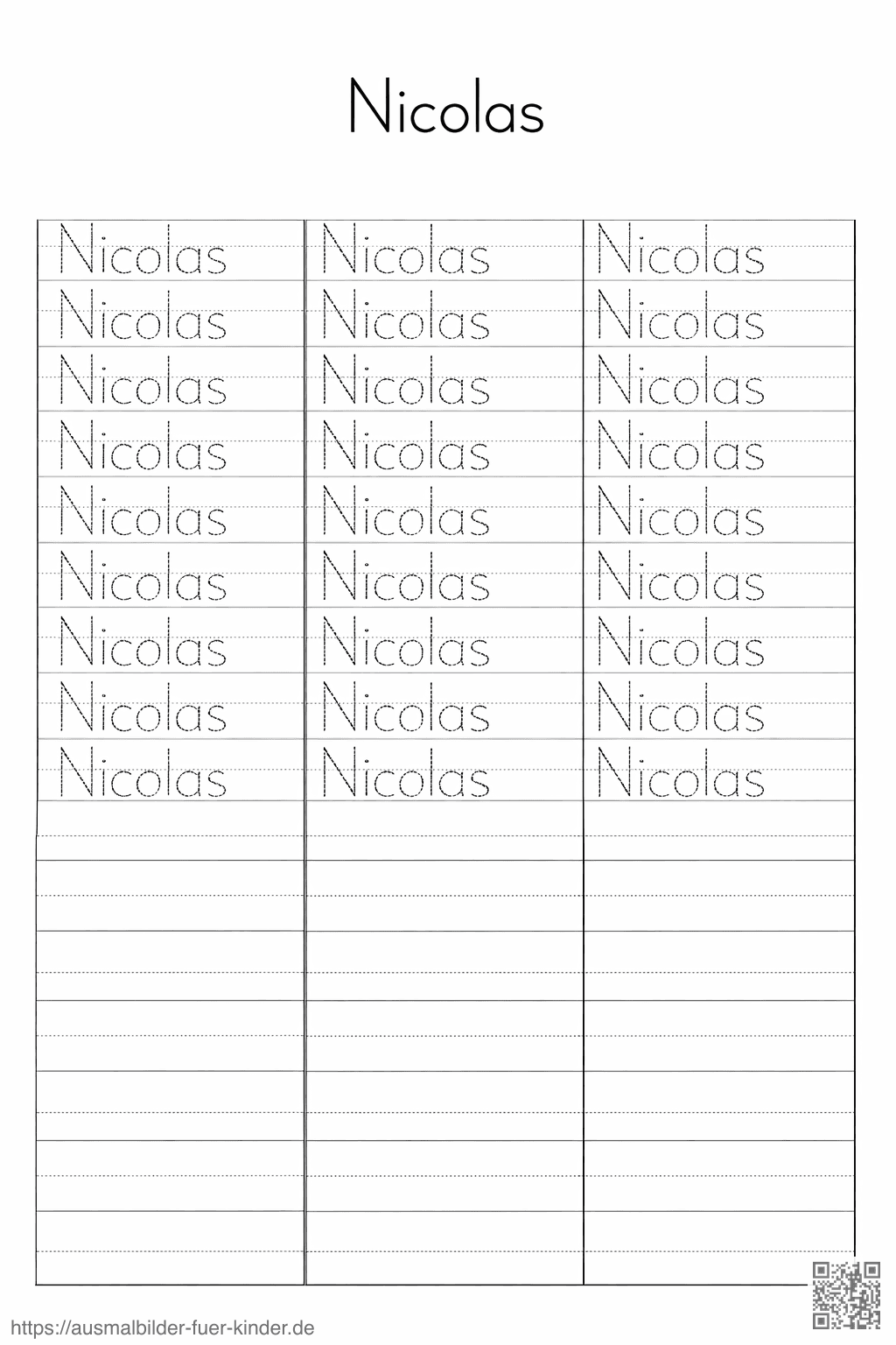 Arbeitsblatt zum Üben des Namens _Nicolas_ - Namen Übungsblatt