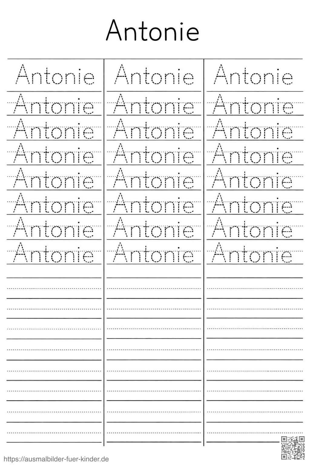 Handschriftübung für den Namen Antonie - Namen Übungsblatt