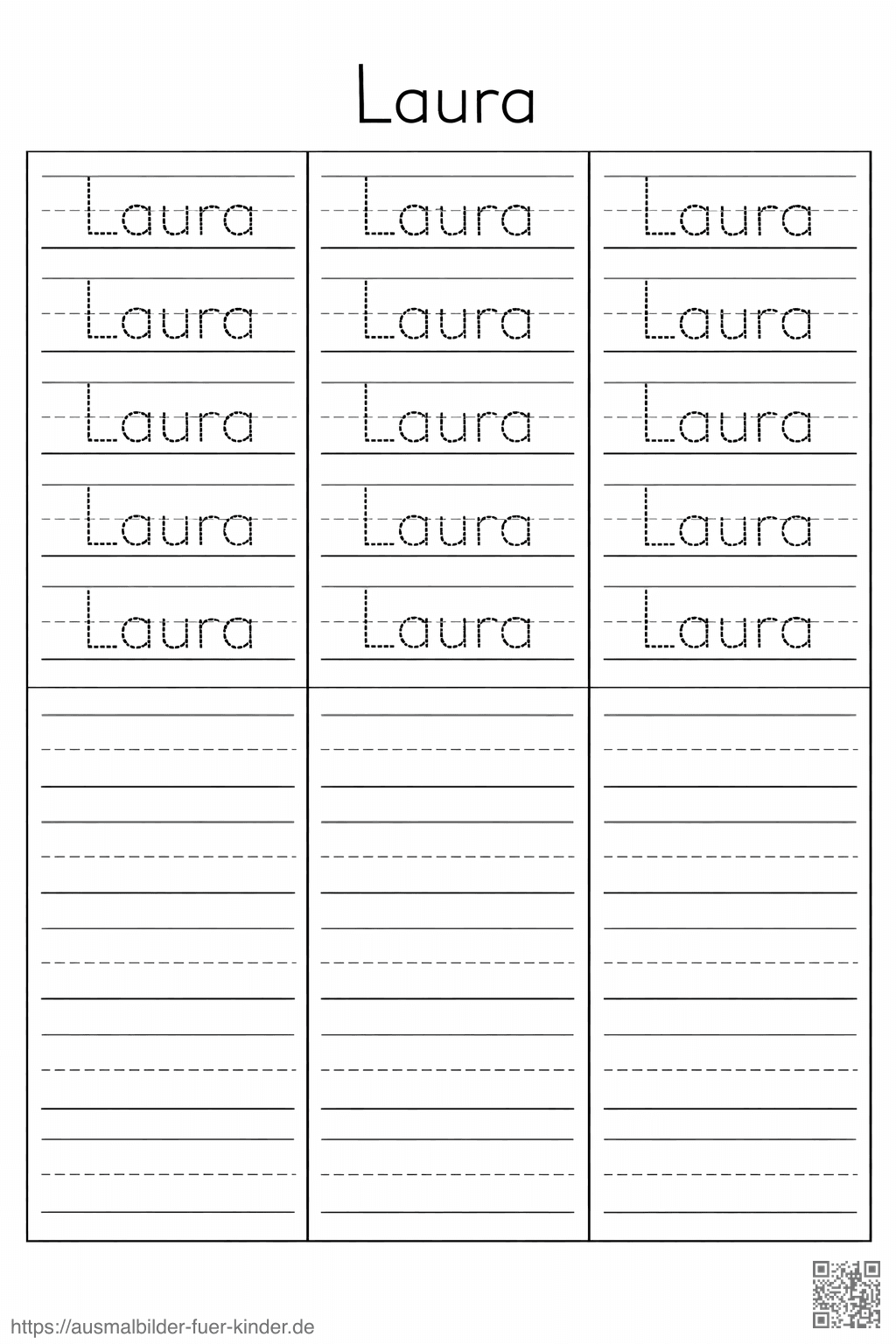 Schreibblatt zum Üben des Namens Laura - Namen Übungsblatt