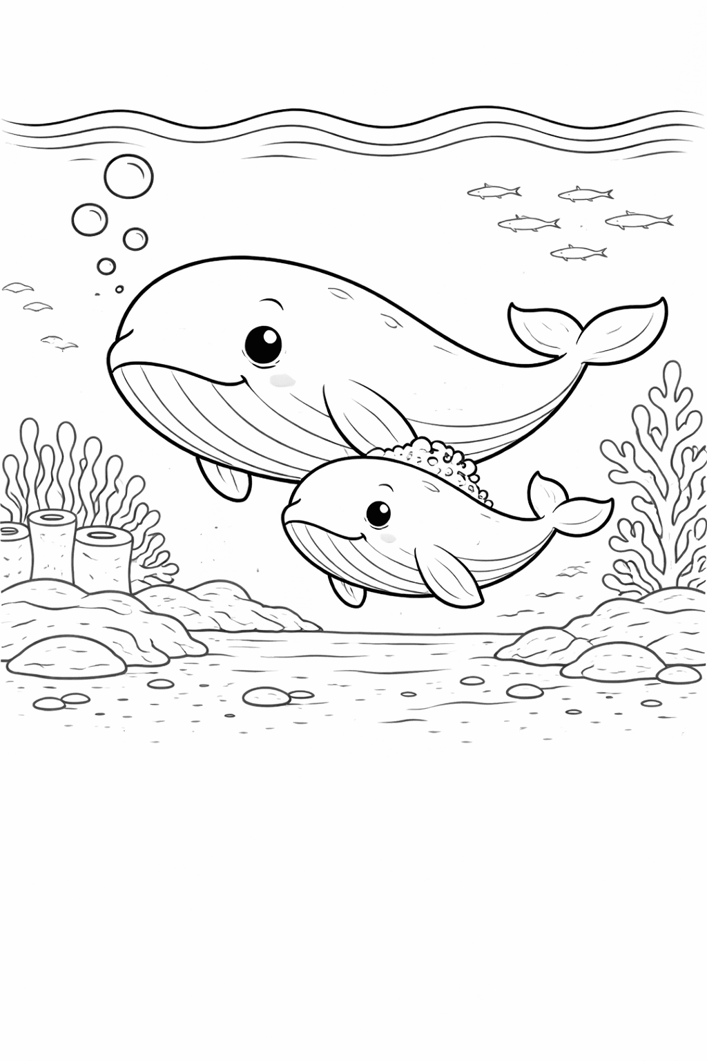 Wal und Kalb im Ozean - Ausmalbild