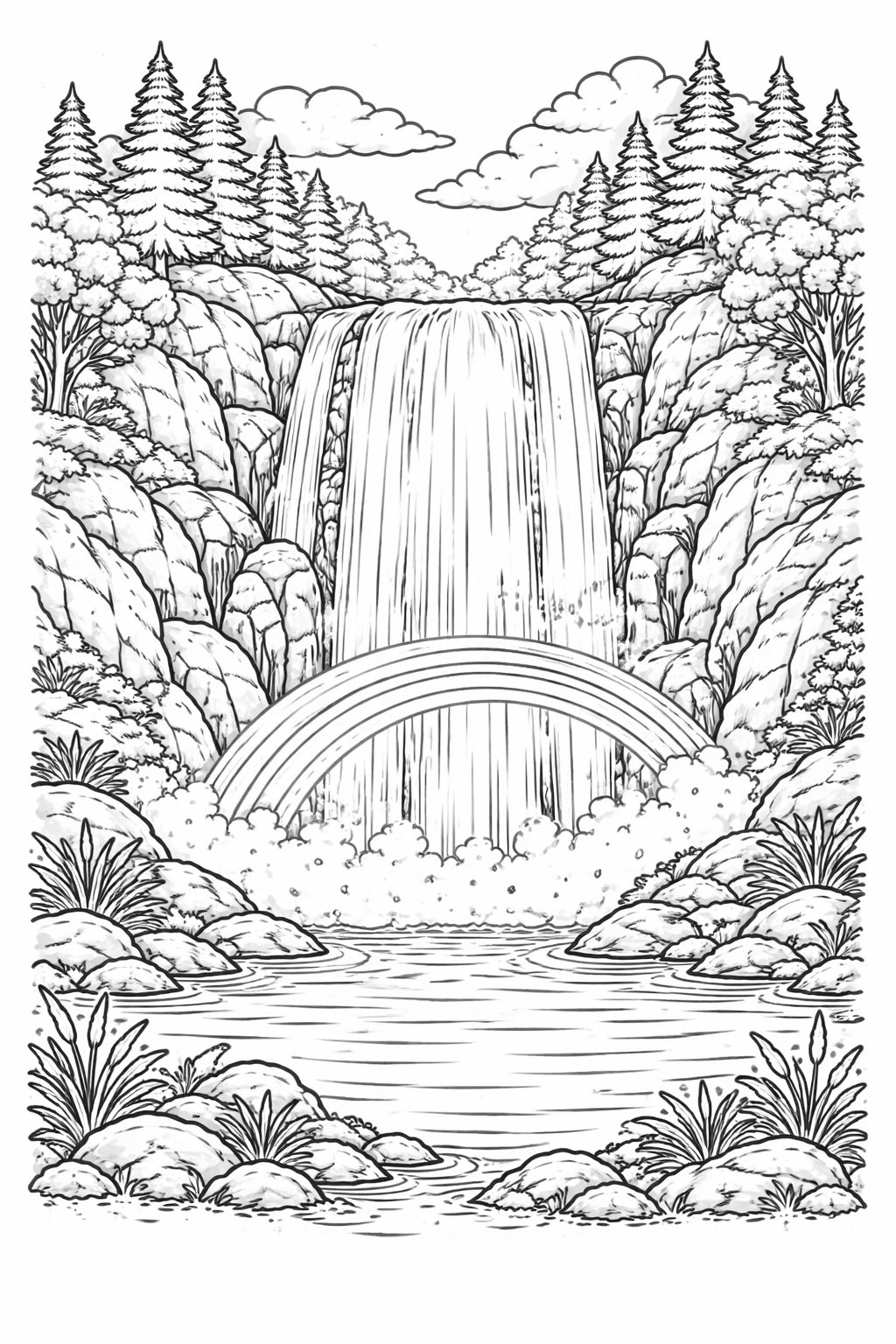 Wasserfall mit Regenbogen - Ausmalbild