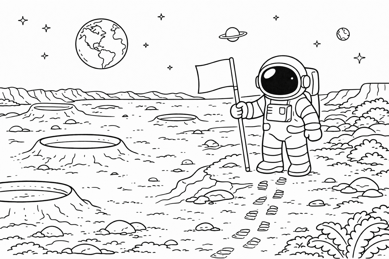 Astronaut auf dem Mond - Ausmalbild