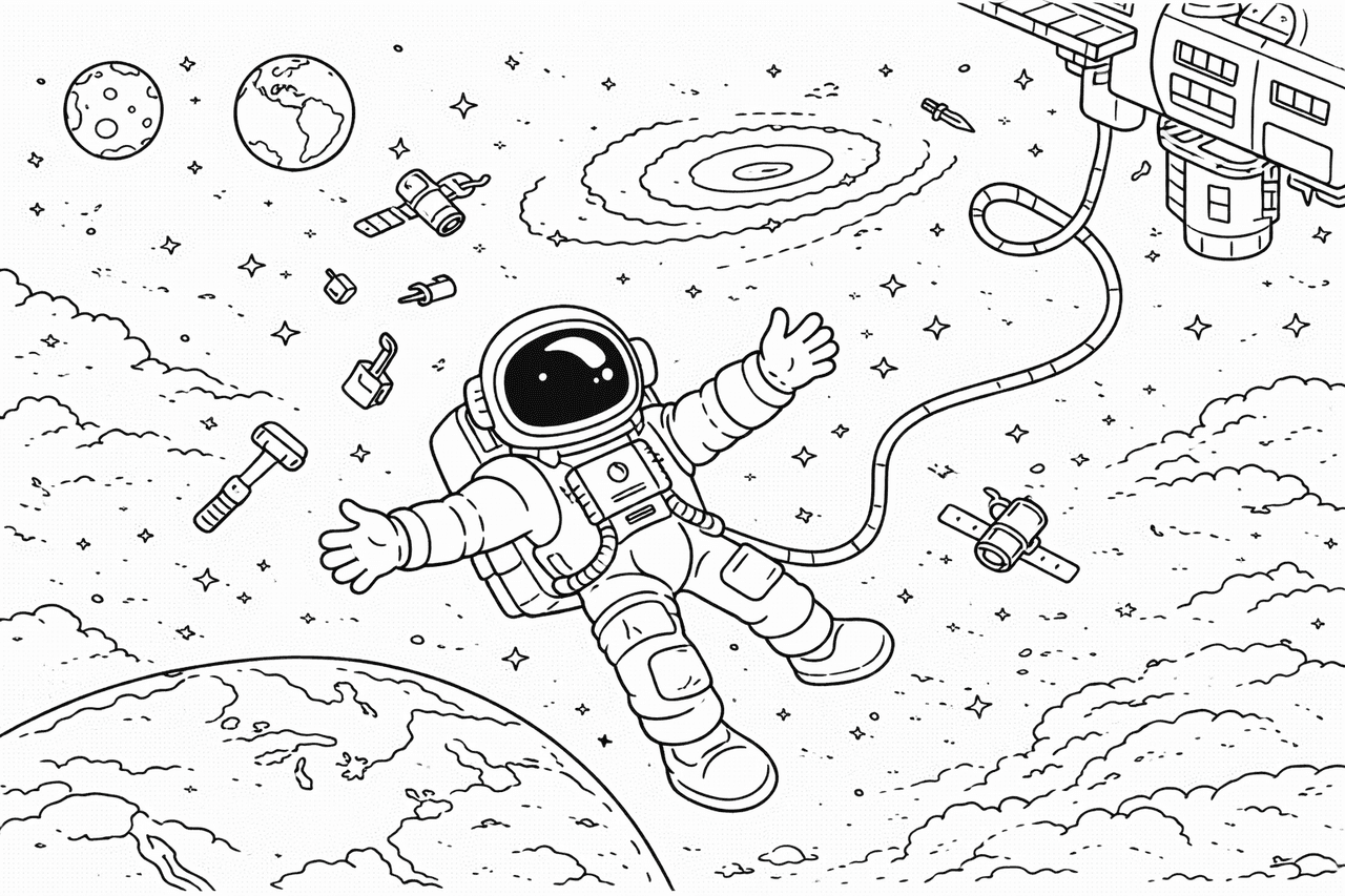 Astronaut mit Werkzeugkasten - Ausmalbild