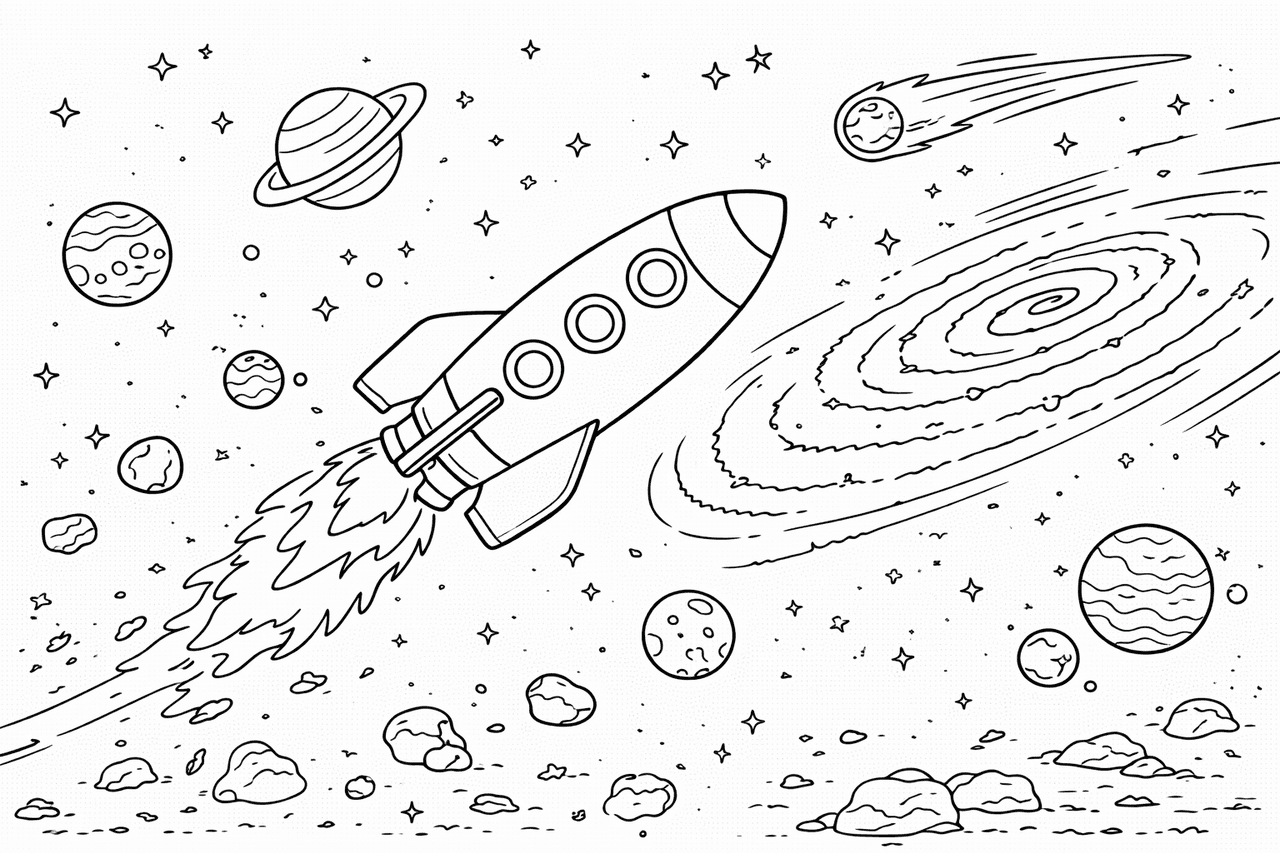 Rakete im Weltraum mit Kometen - Ausmalbild