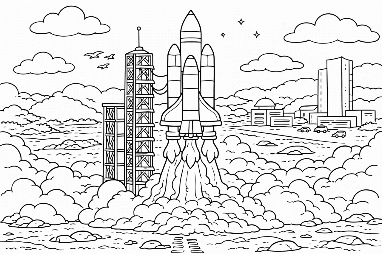 Raketenstart mit rauchigen Wolken - Ausmalbild