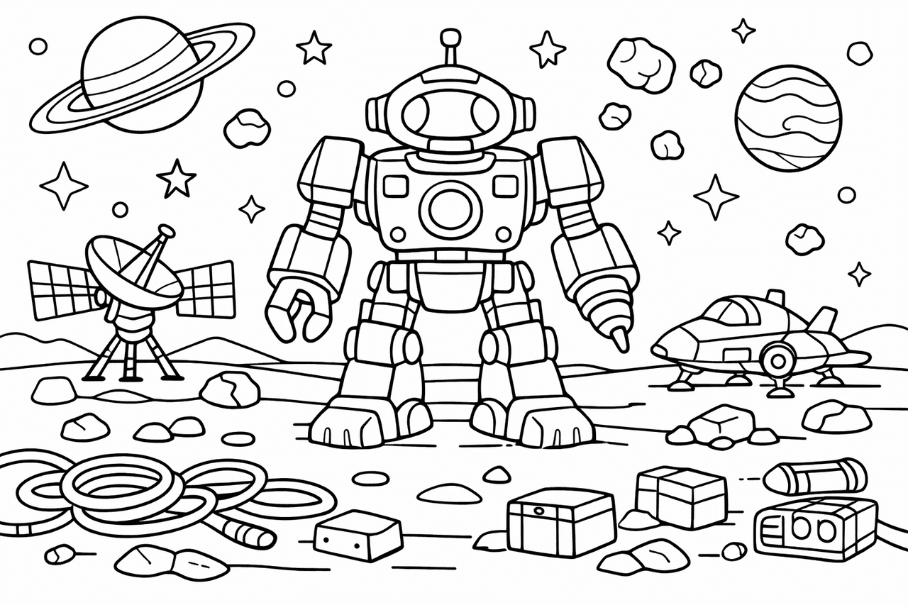 Raumroboter auf fremdem Planeten - Ausmalbild