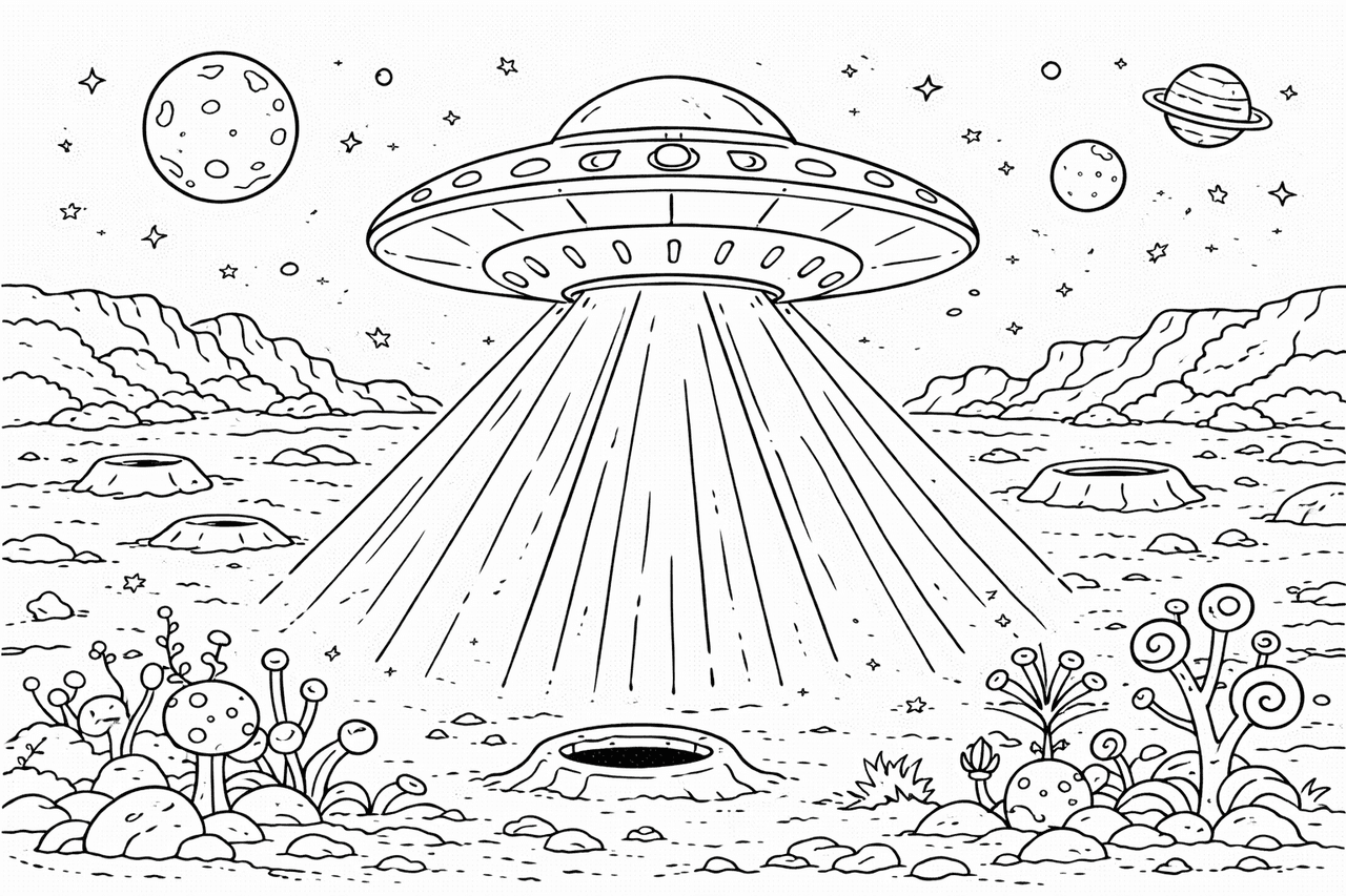 UFO über fremdem Planeten - Ausmalbild