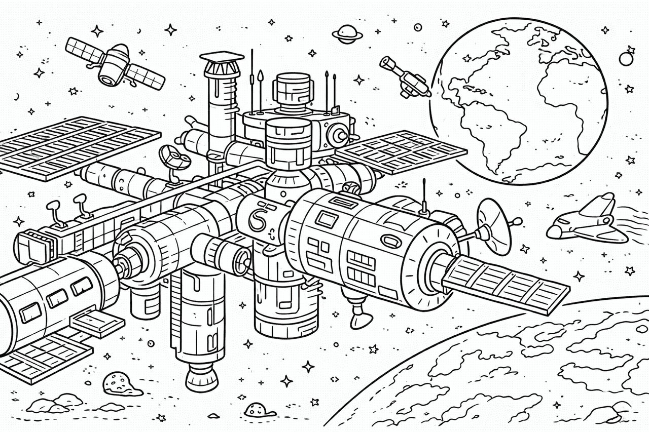 Raumstation im Orbit - Ausmalbild