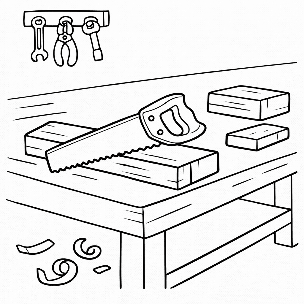 Werkbank mit Handsäge - Ausmalbild