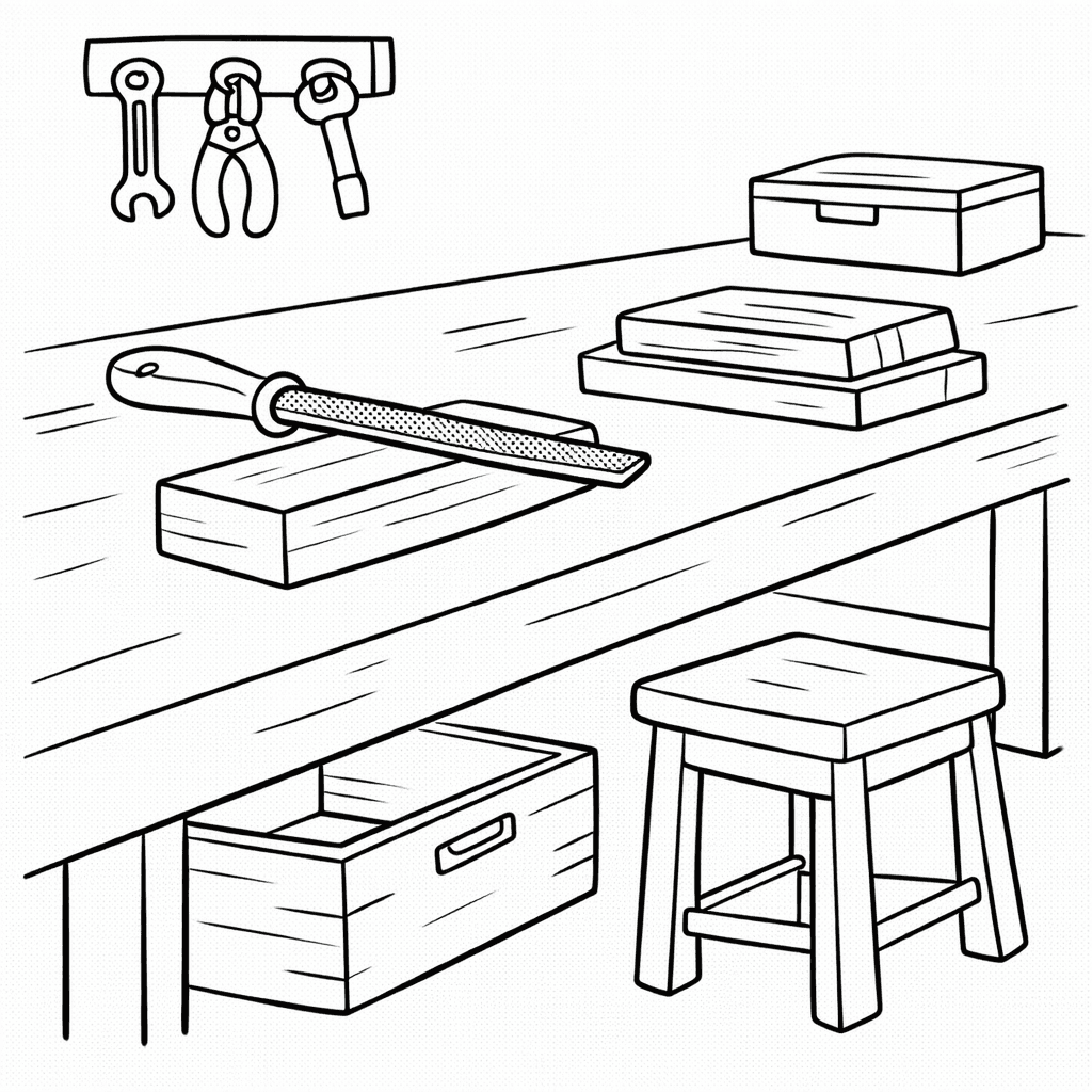 Werkbank mit Holzblöcken - Ausmalbild