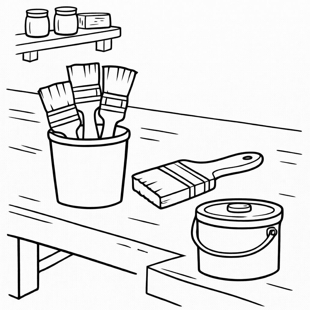 Werkbank mit Malwerkzeug - Ausmalbild
