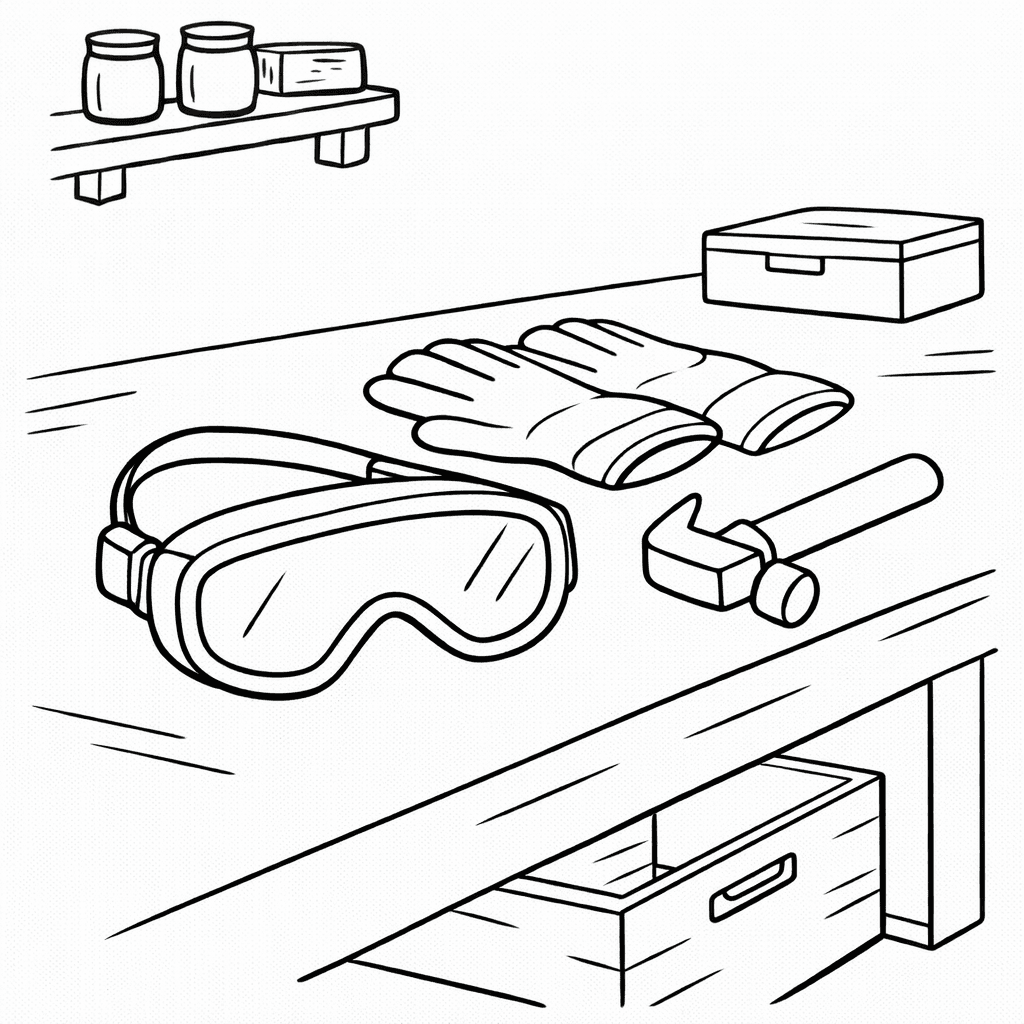 Werkbank mit Schutzausrüstung - Ausmalbild