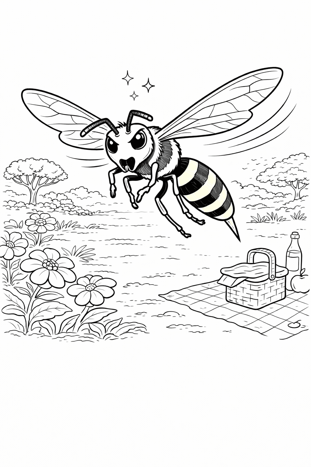Wespe vor Picknick - Ausmalbild