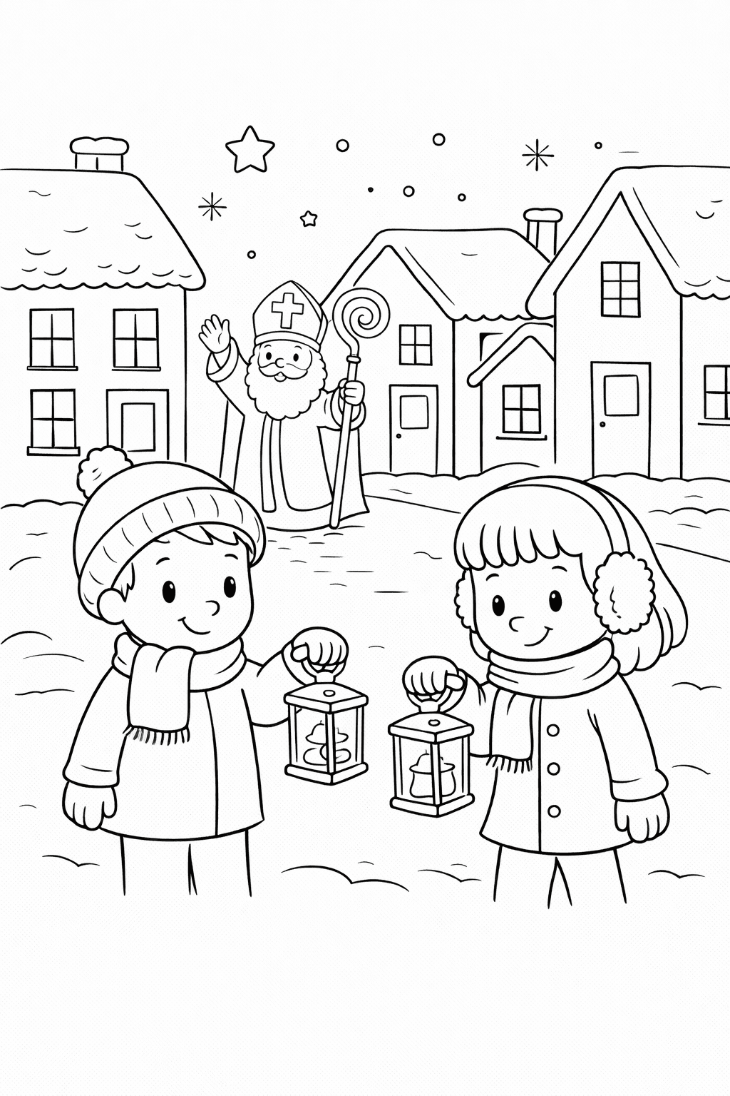 Winterfreude Mit Sankt Nikolaus - Ausmalbild