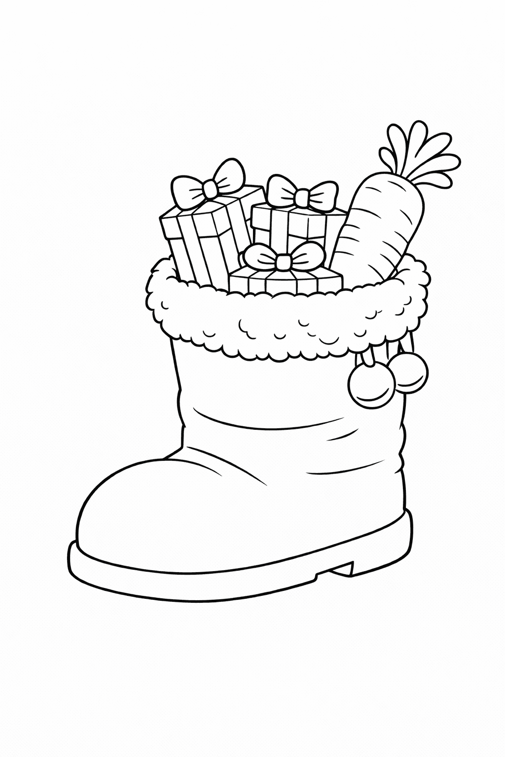 Winterstiefel Mit Geschenken Und Möhre - Ausmalbild