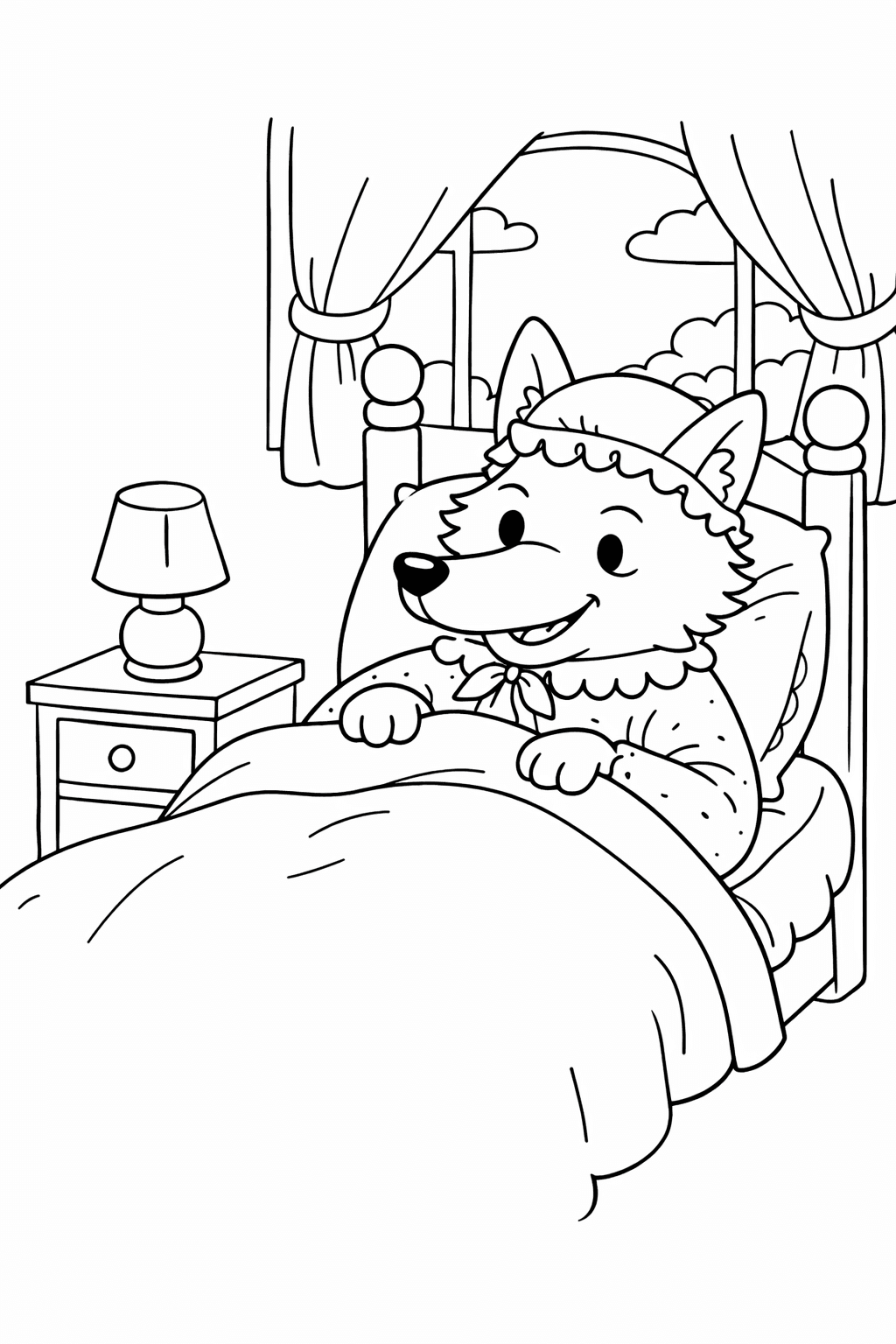 Wolf im Bett als Großmutter - Ausmalbild
