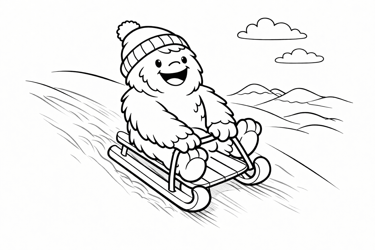 Yeti_yeti Fährt Schlitten Den Hügel Hinunter