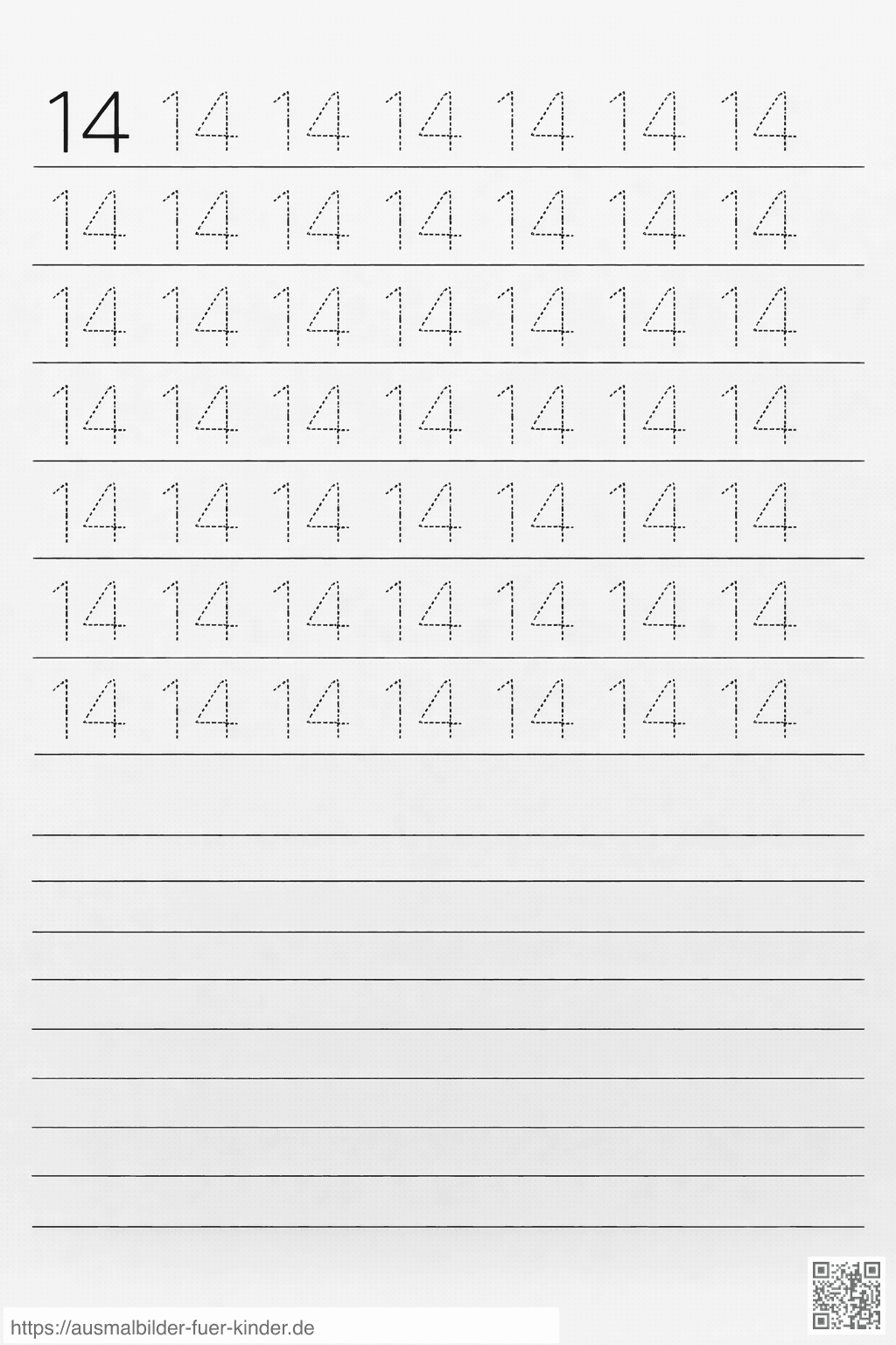 Übung zum Schreiben der Zahl 14 - Ausmalbild Übung zum Schreiben der Zahl 14 - Ausmalbild