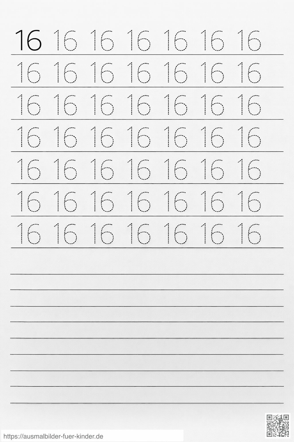 Übung zum Schreiben der Zahl 16 - Ausmalbild Übung zum Schreiben der Zahl 16 - Ausmalbild