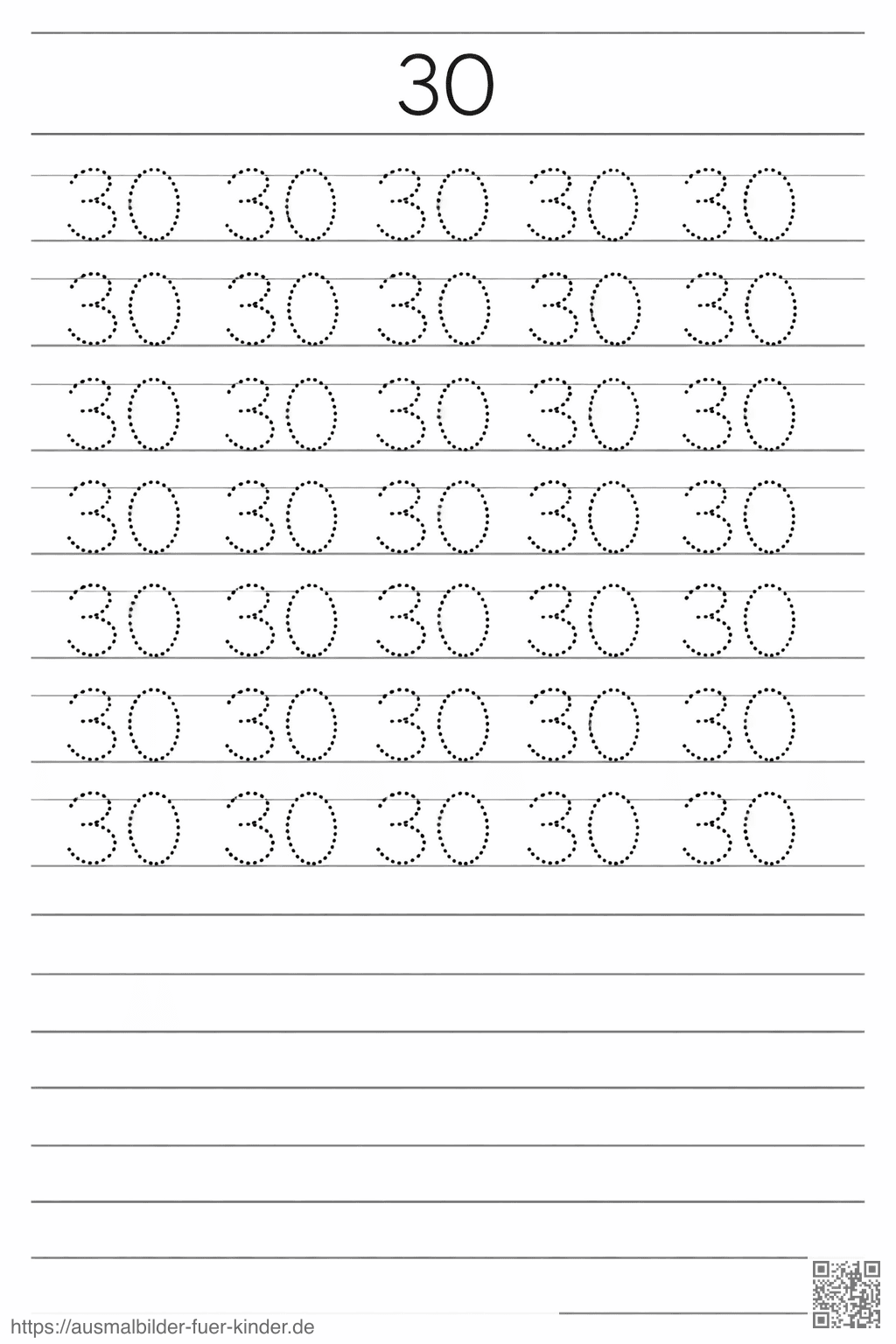 Übung zum Schreiben der Zahl 30 - Ausmalbild Übung zum Schreiben der Zahl 30 - Ausmalbild