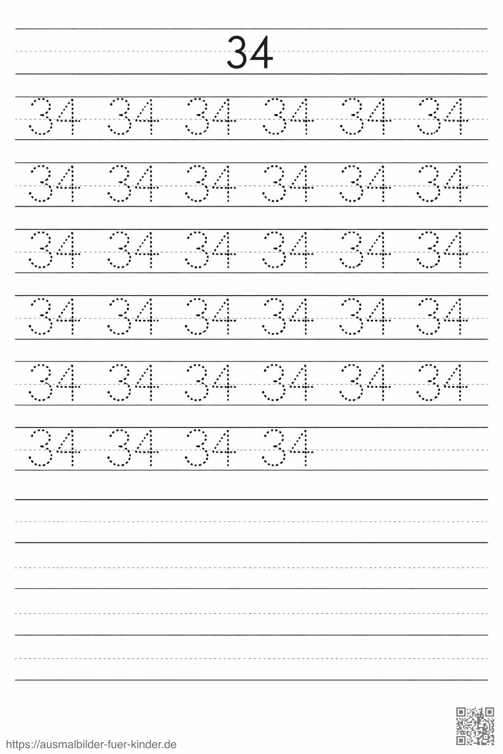 Übung zum Schreiben der Zahl 34 - Ausmalbild Übung zum Schreiben der Zahl 34 - Ausmalbild