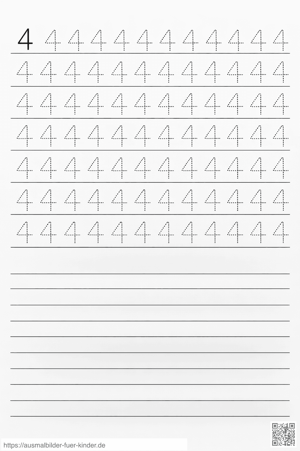 Übung zum Schreiben der Zahl 4 - Ausmalbild Übung zum Schreiben der Zahl 4 - Ausmalbild