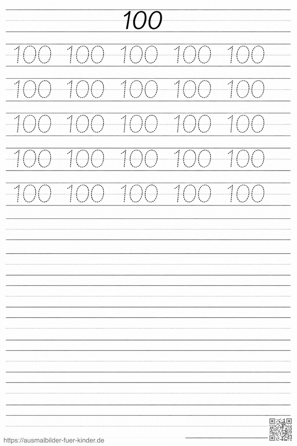 Übungsblatt für die Zahl 100 - Ausmalbild Übungsblatt für die Zahl 100 - Ausmalbild