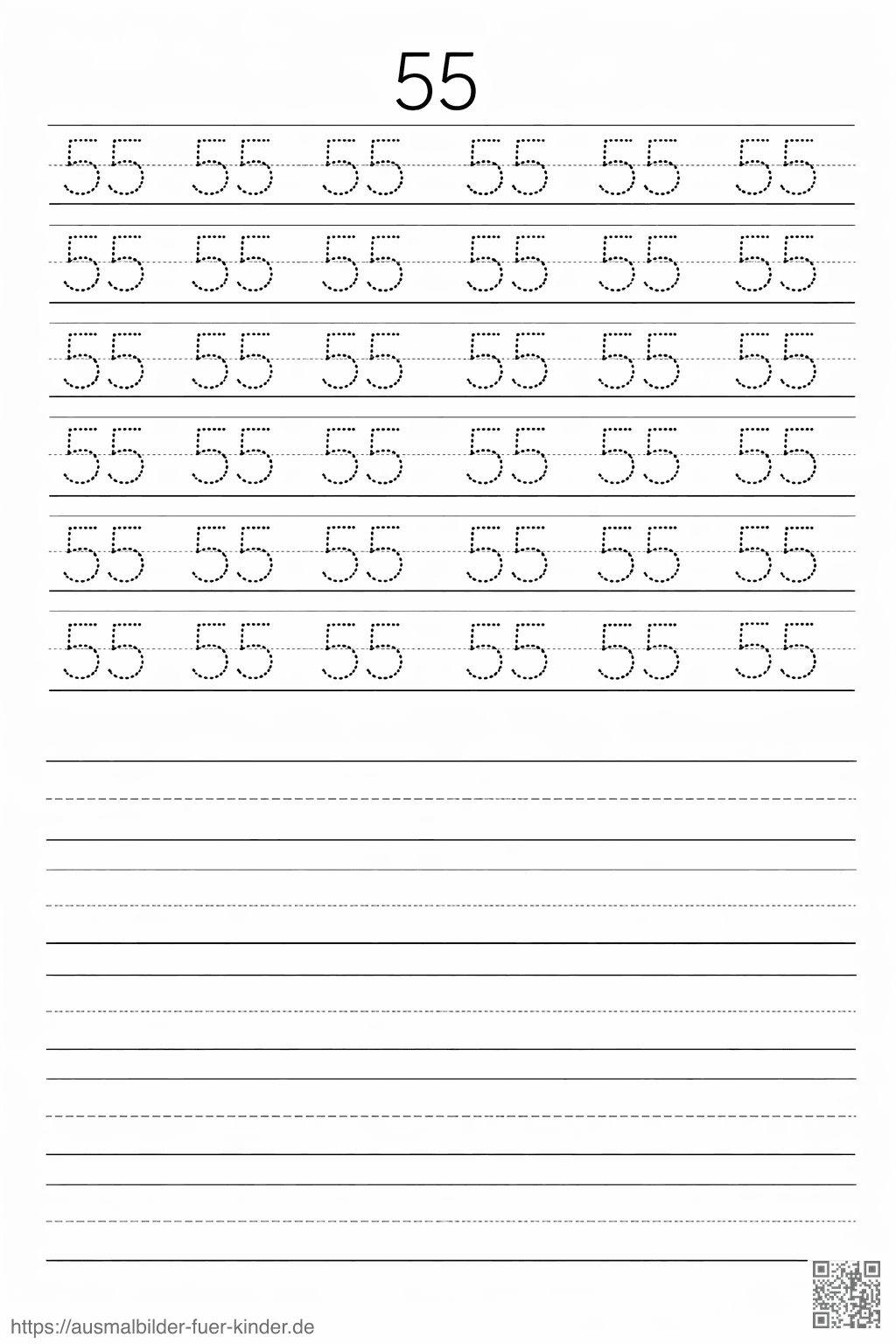 Übungsblatt zum Üben der Zahl 55 - Ausmalbild