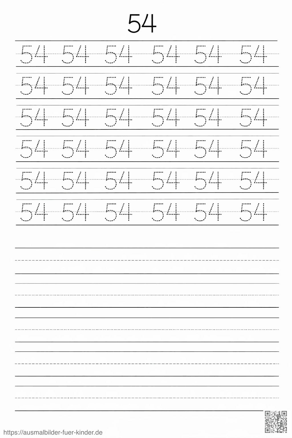 Übungsblatt zum Schreiben der Zahl 54 - Ausmalbild