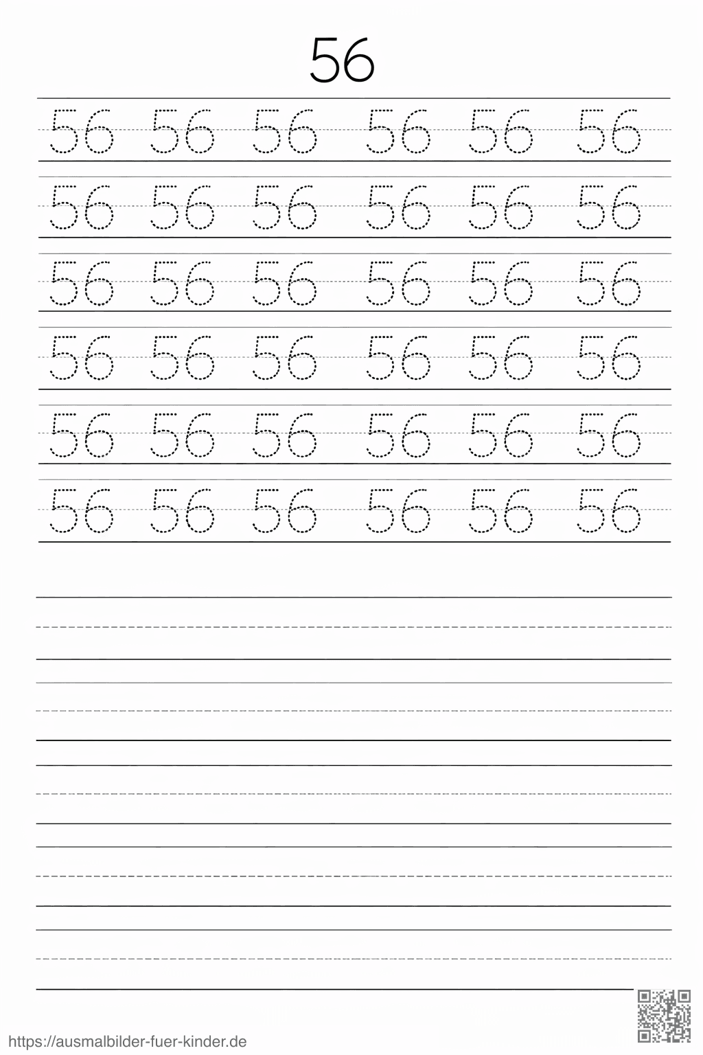 Übungsblatt zum Schreiben der Zahl 56 - Ausmalbild Übungsblatt zum Schreiben der Zahl 56 - Ausmalbild