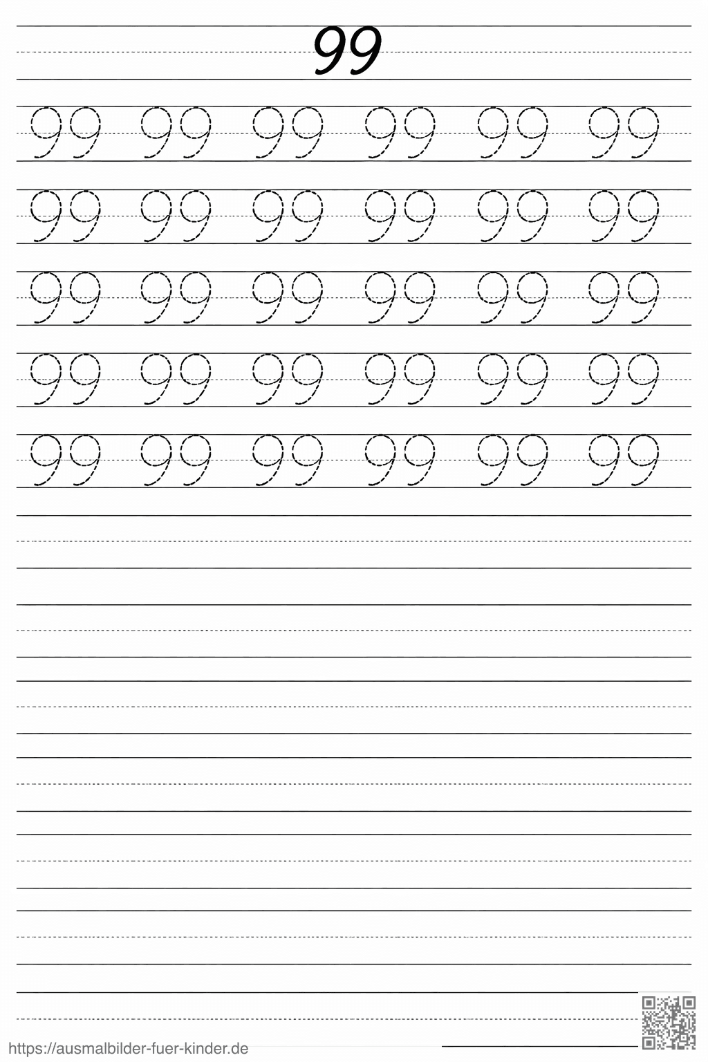 Übungsblatt zum Schreiben der Zahl 99 - Ausmalbild