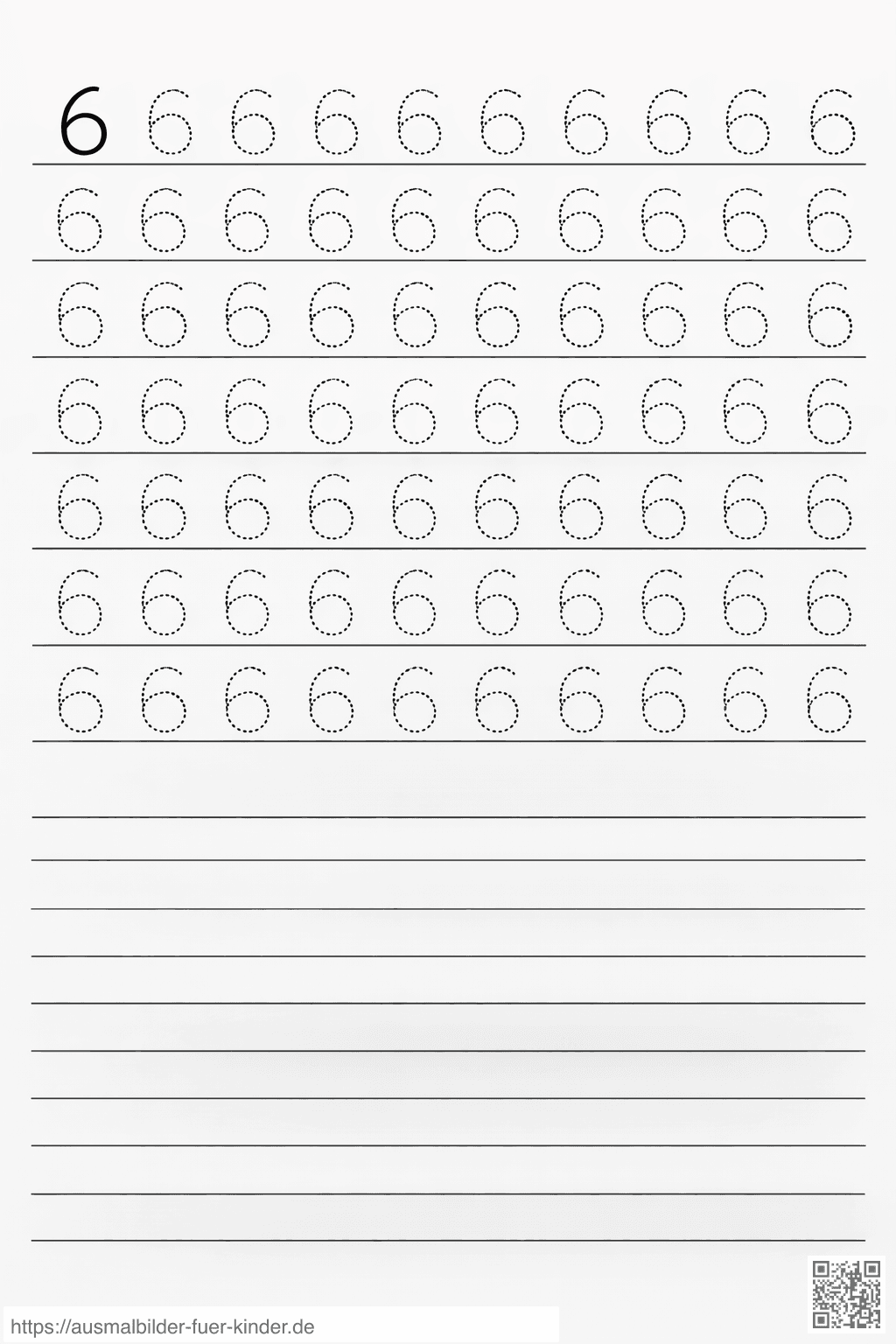 Arbeitsblatt zum Üben der Zahl 6 - Ausmalbild