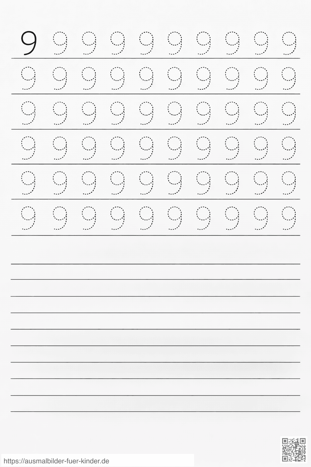Arbeitsblatt zum Üben der Zahl 9 - Ausmalbild