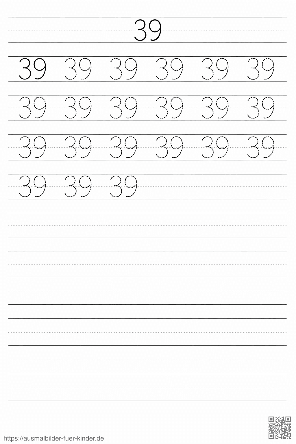 Handschriftübung für die Zahl 39 - Ausmalbild