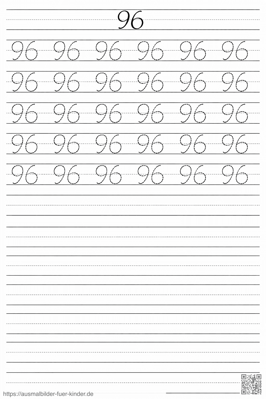 Handschriftübung für die Zahl 96 - Ausmalbild