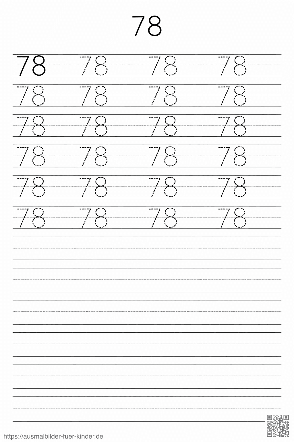 Handschriftübung mit der Zahl 78 - Ausmalbild