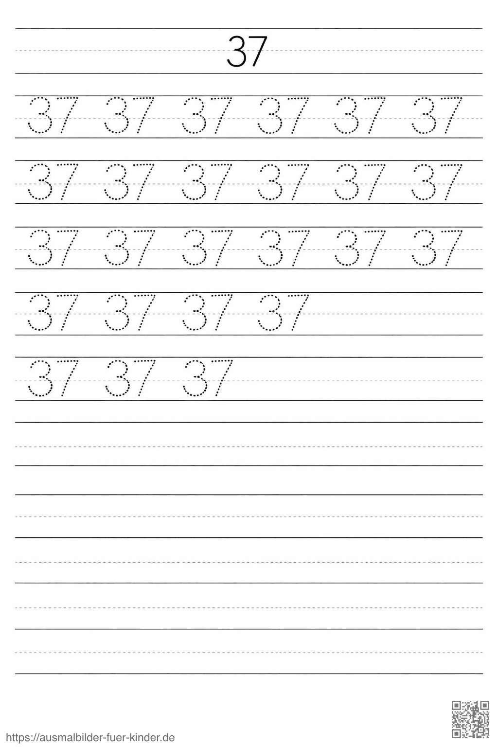 Lernarbeitsblatt: Zahl 37 schreiben - Ausmalbild