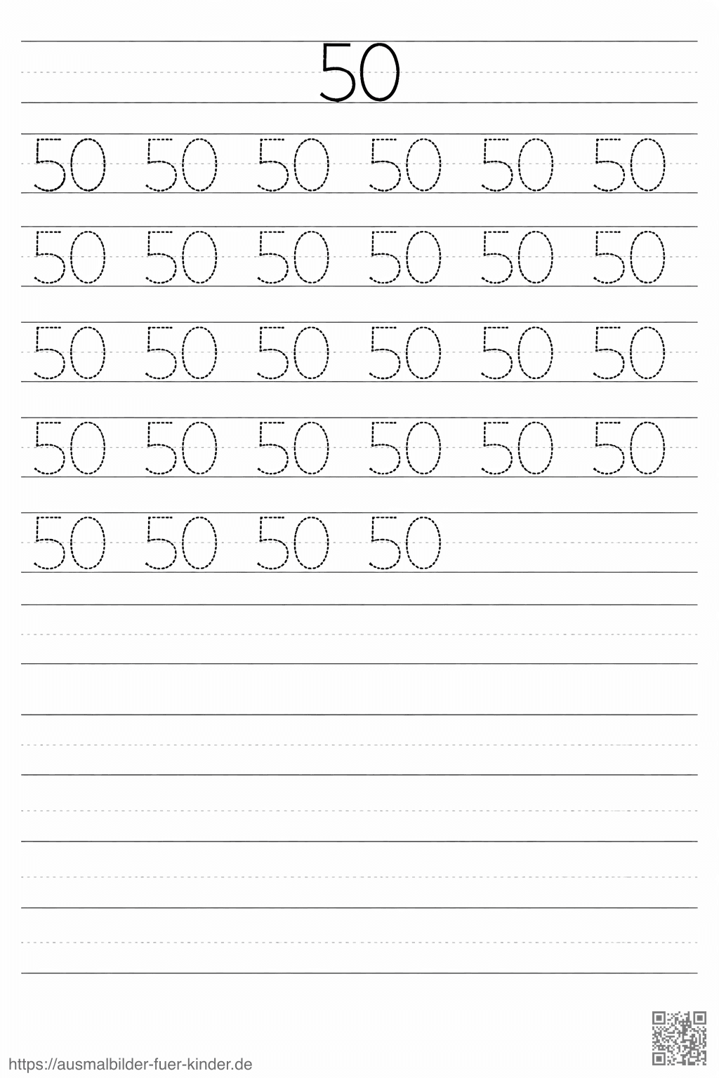 Lernblatt zum Üben der Zahl 50 - Ausmalbild Lernblatt zum Üben der Zahl 50 - Ausmalbild