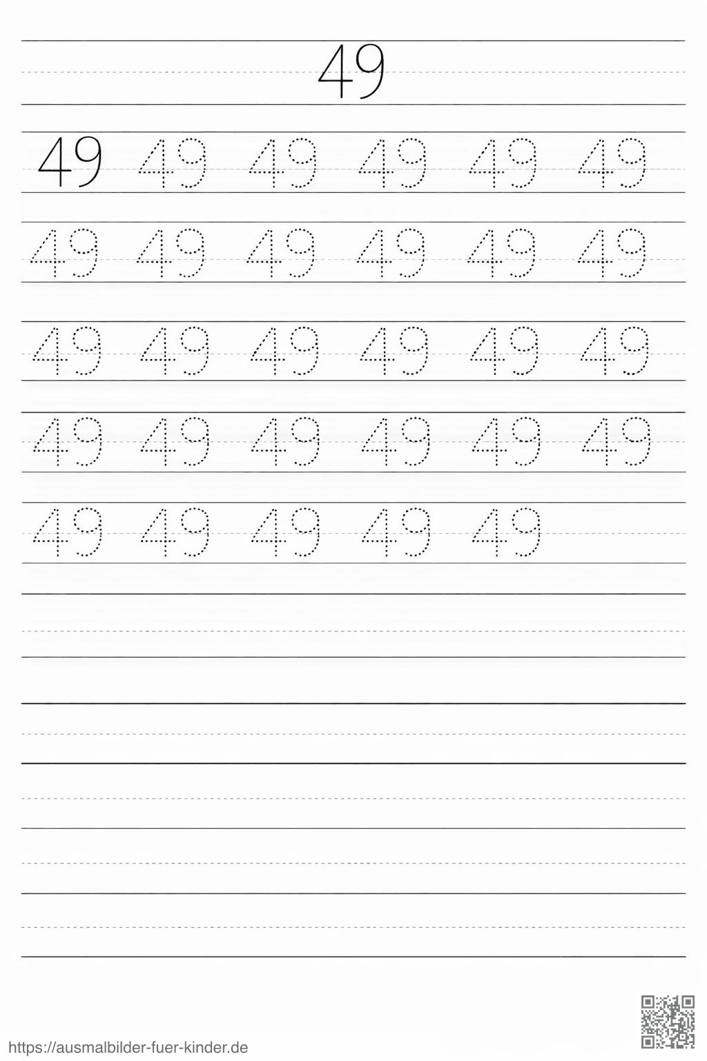 Schreibübung für die Zahl 49 - Ausmalbild Schreibübung für die Zahl 49 - Ausmalbild