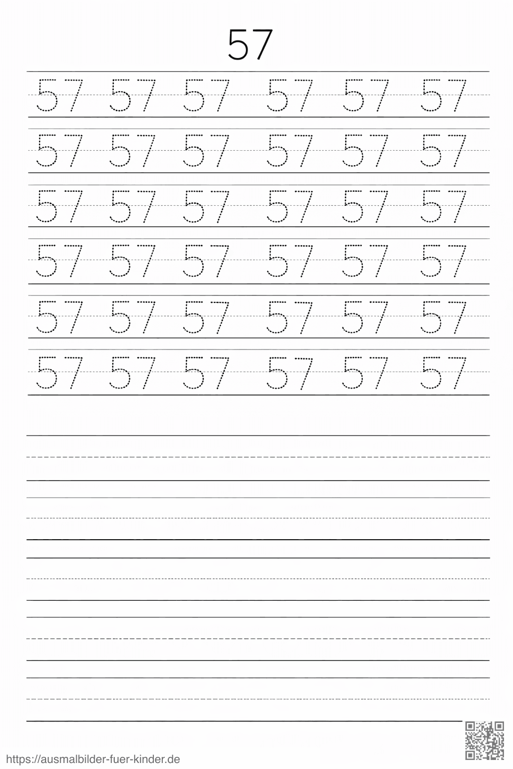 Zahlenschreibübung: 57 zum Üben - Ausmalbild