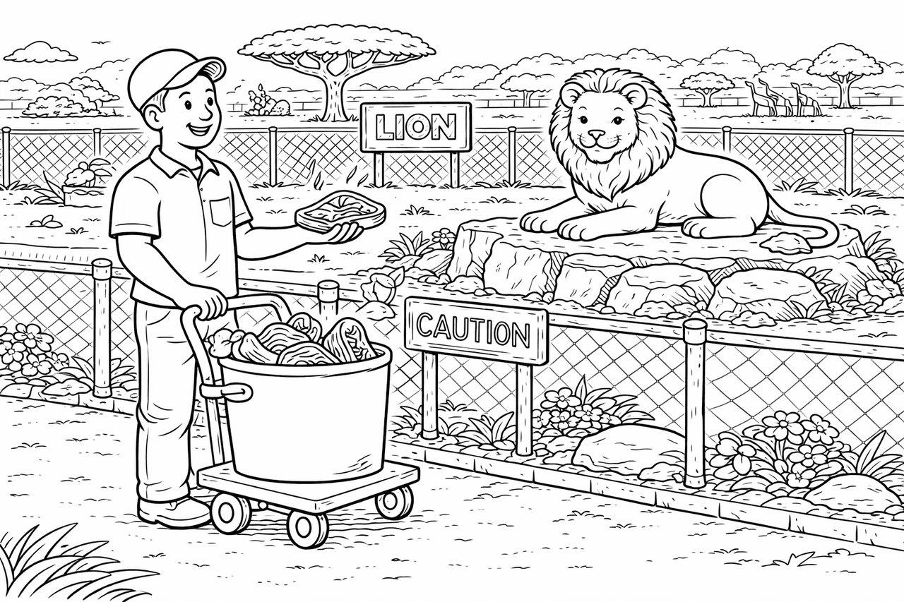 Zookeeper füttert den Löwen - Ausmalbild